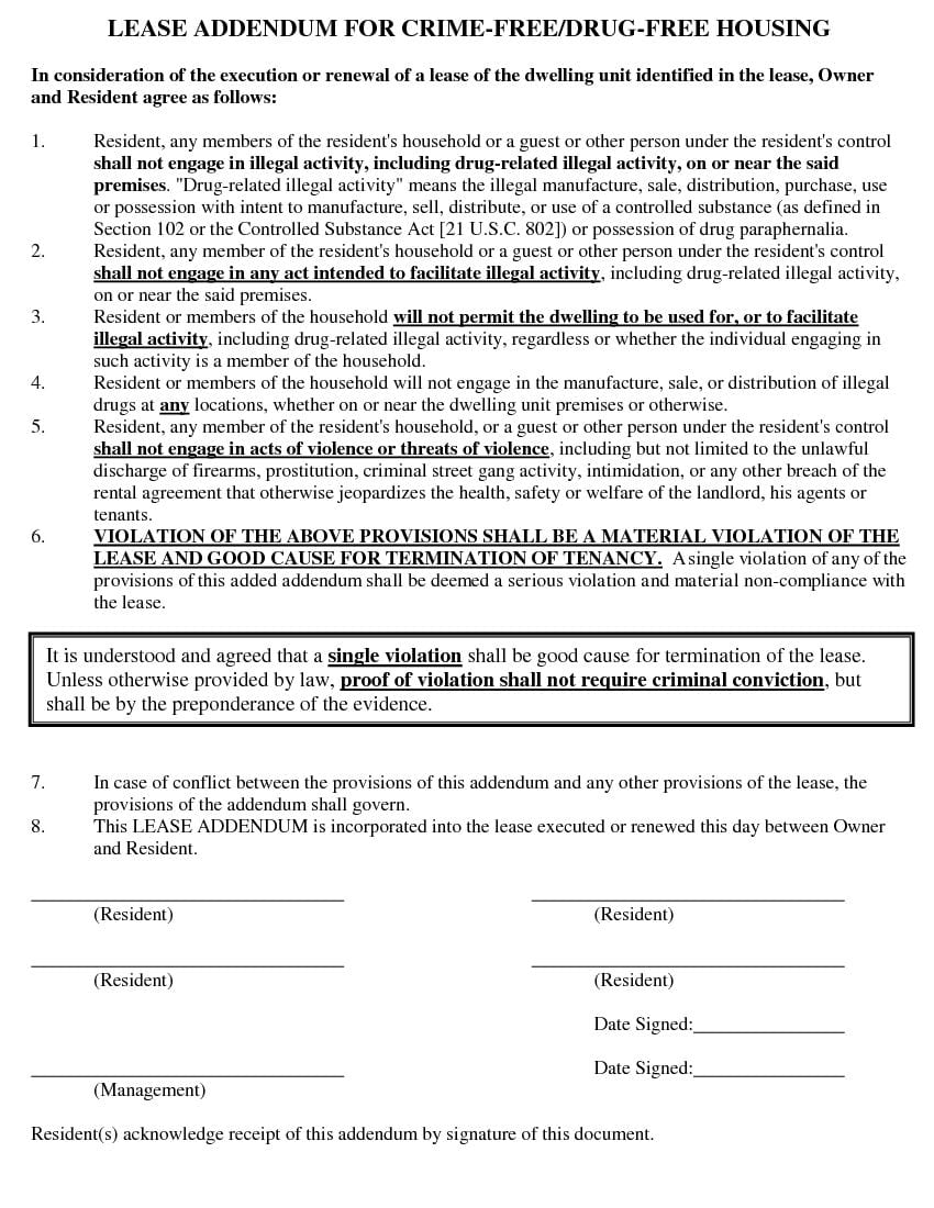 Crime-Free and Drug-Free Housing - Addendum to Lease Agreement