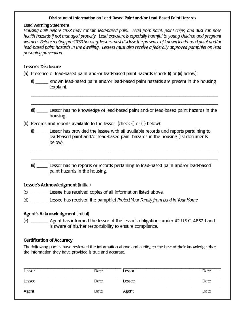 Lead Based Paint Disclosure Form