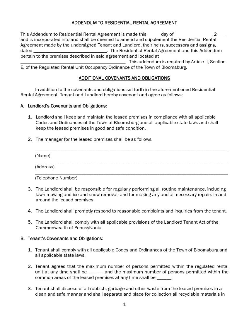 Pennsylvania Additional Covenants and Obligations - Addendum to Lease Agreement