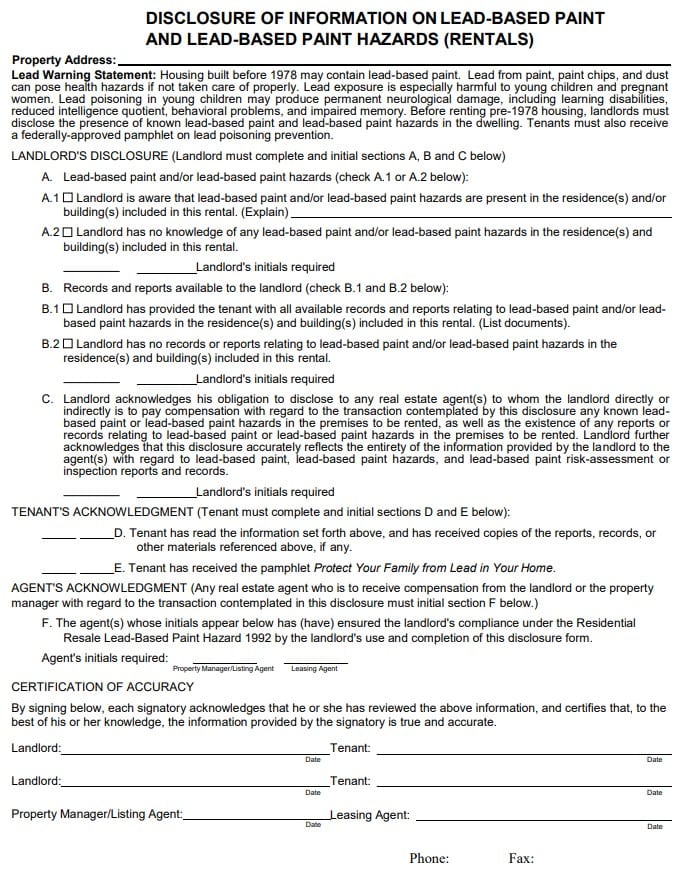 Arizona Lead Based Paint Disclosure Form