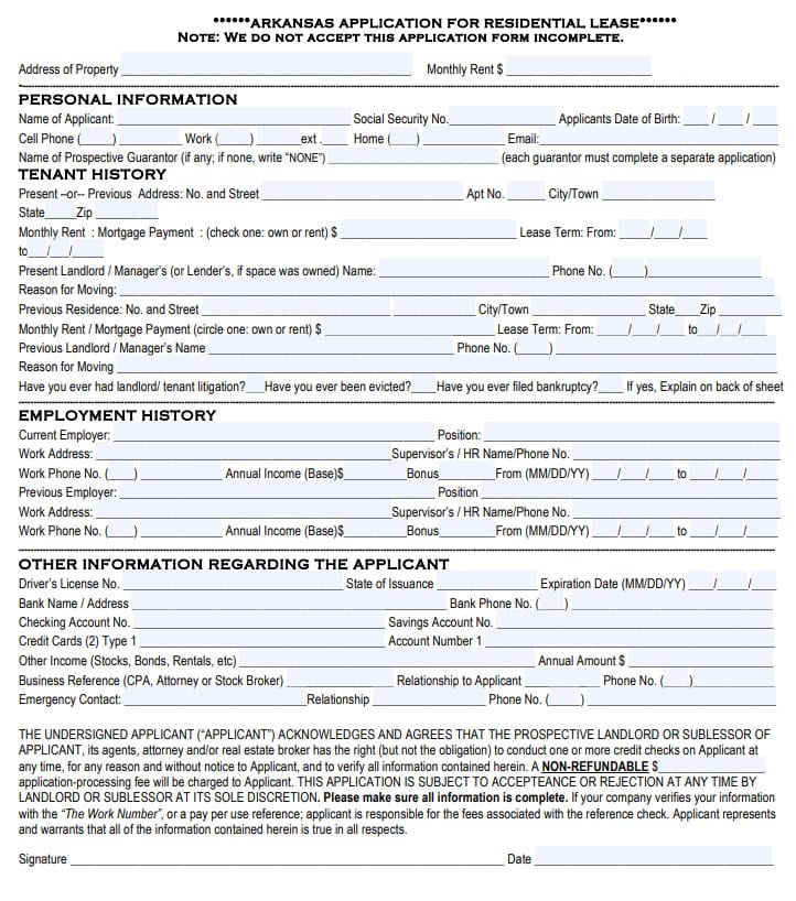 Arkansas Rental Application Form