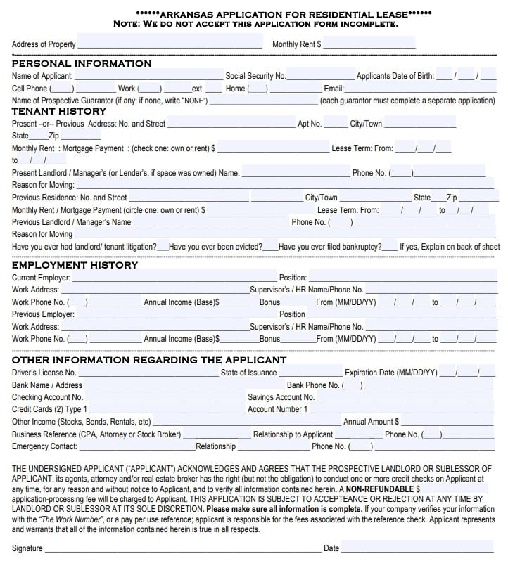 Free Arkansas Rental Application Form Pdf Docx 8571