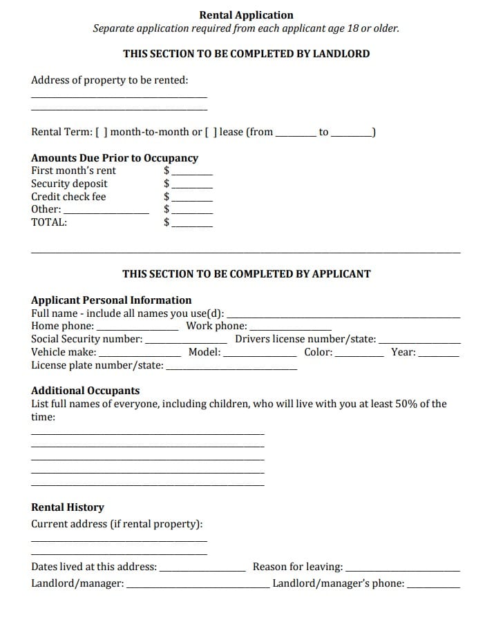 Blank Rental Application Form